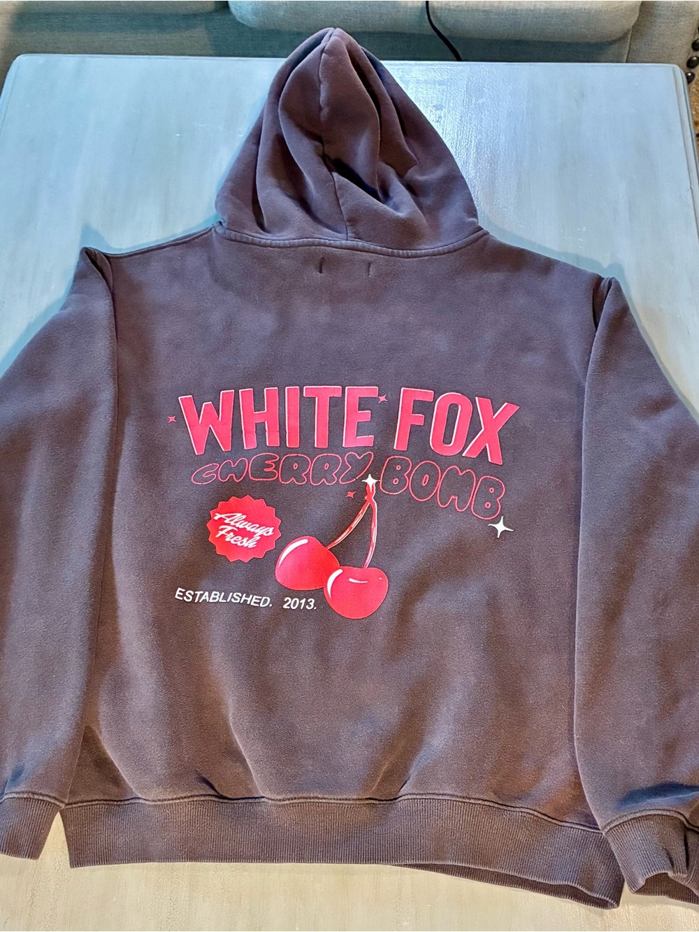White Fox Boutique Brown Hoodie with Pink Cherry Graphic